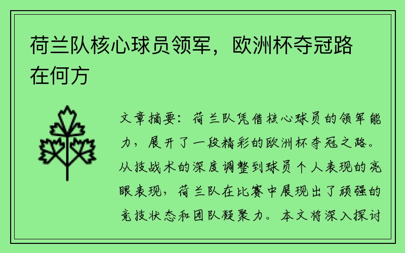 荷兰队核心球员领军，欧洲杯夺冠路在何方